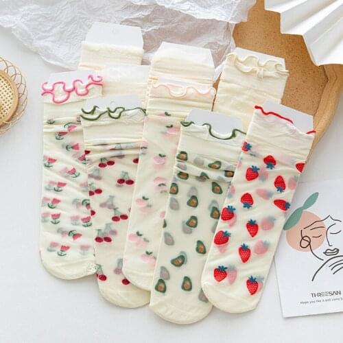 Women Summer Breathable Thin Fruit Pattern Socks Cartoon Socks Avocado Watermelon Peach Strawberry Elastic Funny Casual Socks