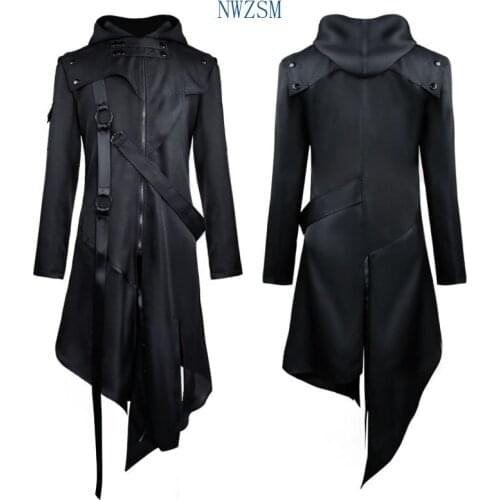 Vintage Gothic Steampunk Renaissance Man Jacket Medieval Autumn Hooded Zipper Coat Costume for Men Plus Size Black Strap Tuxedo
