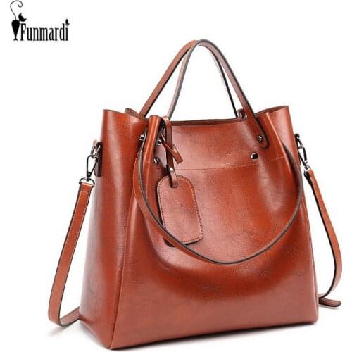 FUNMARDI Luxury Oil Wax Leather Handbags Good Quality Women Bag Vintage Shoulder Bag Simple Hand Bag Casual Totes Brand WLHB2198