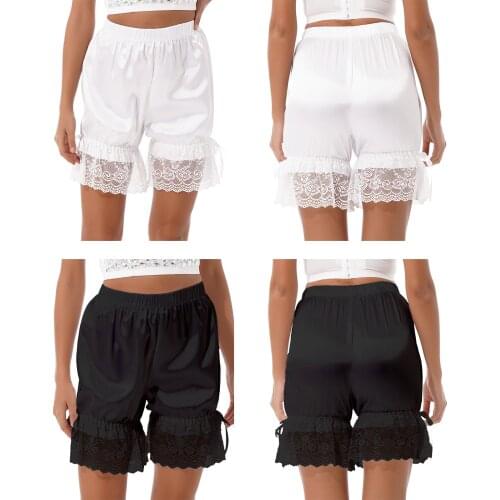 Women Lace Ruffles Bowknot Lolita Sleep Bottoms Nightwear Elastic Waistband Satin Bloomers Shorts Loungewear Sleepwear