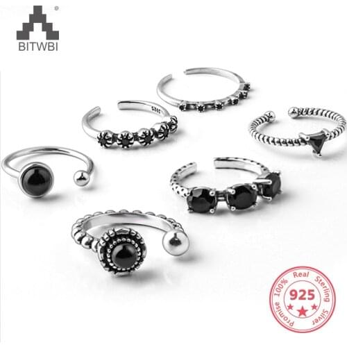 Authentic 925 Sterling Silver Jewelry Black Zircon Engraving Flower Turkish Open Rings for Women