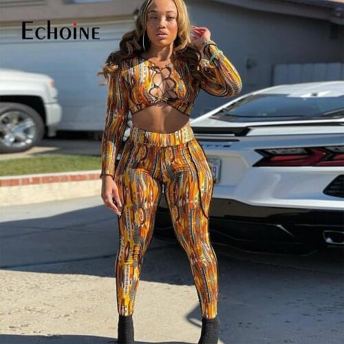 Echoine Women Long Sleeve Deep V-Neck Sexy Print Tie Rope Hollow Colorful Crop Top With Pencil Trousers Two-Piece Set Autumn
