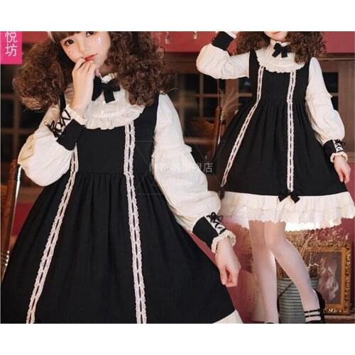 Sweet Womens Palace Retro Lace OP Dresses Long Sleeve Princess Lolita Bow Spring Puff Sleeve Falbala Doll Dress B813