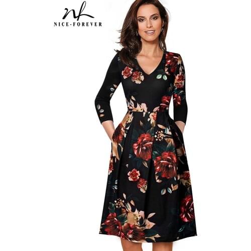 Nice-forever Vintage Solid Color V neckline Pinup Pockets vestidos A-Line Business Party Female Flare Swing Women Dress A126