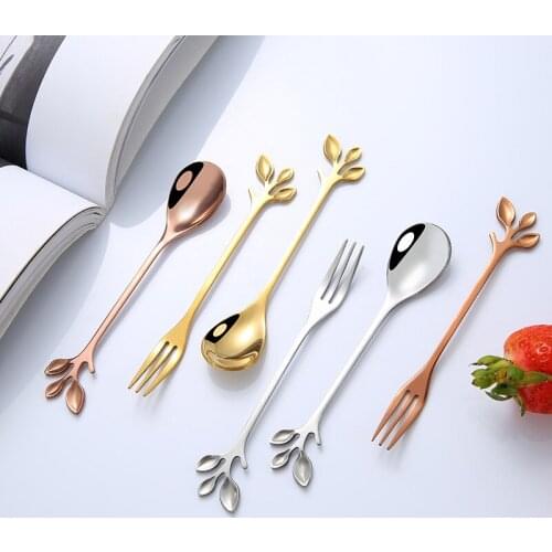 1PC Stainless Steel Spoon Fork Stirring Creative Leaves Shape Handle Dessert Fruit Teaspoon Kitchen Accessories Tableware