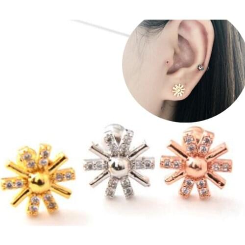 1 Piece 16G 1.2mm Stainless Steel Cubic Zirconia Tragus Helix Ear Stud Flower Barbell Piercing Barbell Jewelry For Women