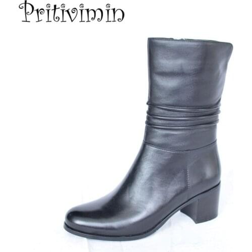 2018 Fashion ladies genuine leather bottines femmes winter woman warm lined shoes female thick heel riding boots Pritivimin FN43