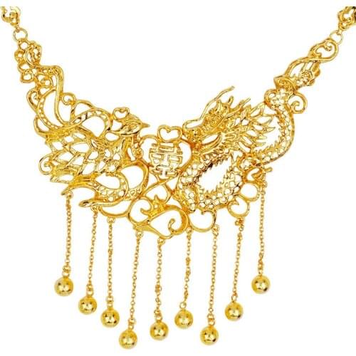 24k Yellow Gold Pendant Necklace for Women Bride Luxury Gold Necklace Set Dragon Phoenix Wedding Female Necklace Jewelry Gifts