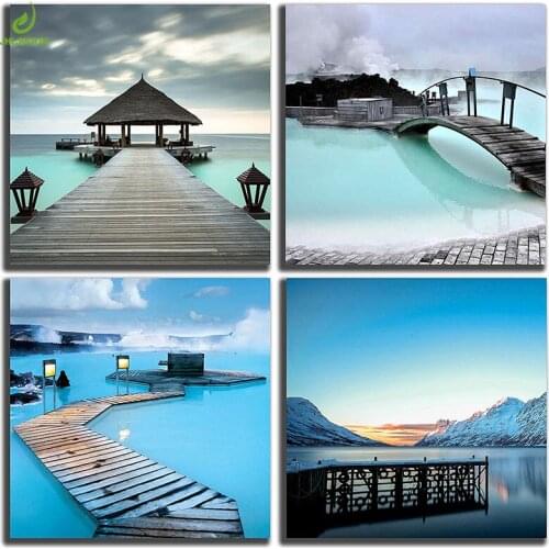 4 Piece Nordic Sea Building Canvas Decoration Home Modular Picture Art Decorative Nordic Poster Bedroom Decor Posters