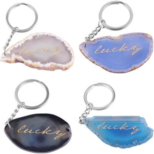 TUMBEELLUWA Irregular Colorful Agate Geode Slices Keychains for Women Men,Lucky Pendant Car-Bag Stainless Steel Keyring Jewelry