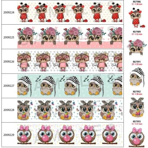 Cute Owl Cartoon Printed Grosgrain/Satin Ribbon 5 Yards 25mm/38mm/50mm/75mm for Crafts DIY Hair Bows Birthday Decorations