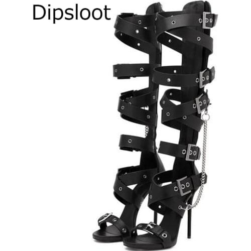 Summer Sexy Ladies Metal Buckle Strappy Knee High Sandals Boots Stiletto High Heels Chains Pedant Women Hollow Out Long Botas