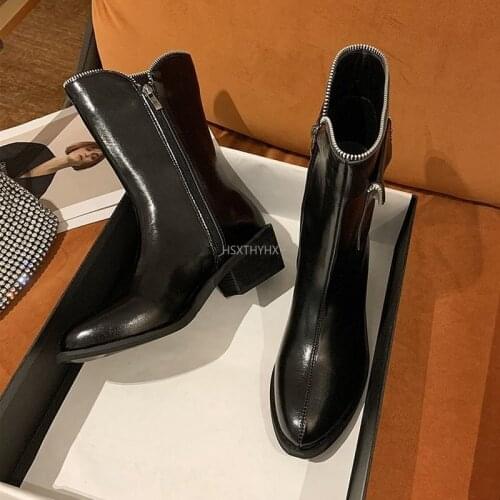 Chic Pocket Decor Chelsea Boots Women Shoes Runway Pointy Chunky Low Heel Short Boots 2022 Designer Side Zip Real Leather Botas