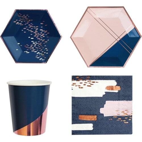 Bronzing Lines High Quality Party Disposable Tableware Set Blue Cups Plate Napkins Party Tableware Kids Birthday Party Supplies