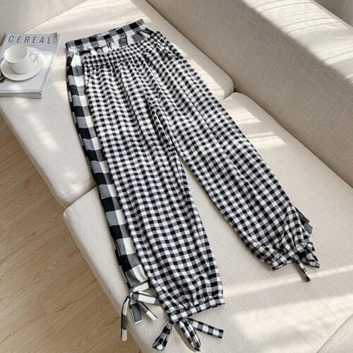 Wide Leg Pants Female Summer Autumn Polka Dot Tied Elastic Waist Pants Mid Waist Striped Women Casual Trousers