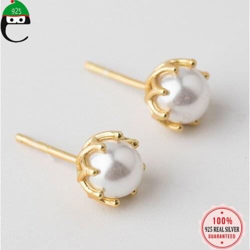 ElfoPlataSi Real 925 Sterling Silver Fashion Gold Flower Pearl Stud Earring For Women Wedding Party Fine S925 Jewelry DA1983
