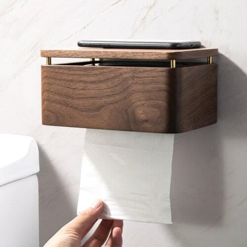 European Style Bathroom Tissue Box Punch-free Toilet Tissue Box Wall-mounted Solid Wood Storage Tissue Box Brass Bracket