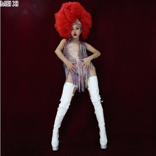 Colorful deep V tassel sequin spandex bodysuit party nightclub bar concert DJ singer/dancer costume