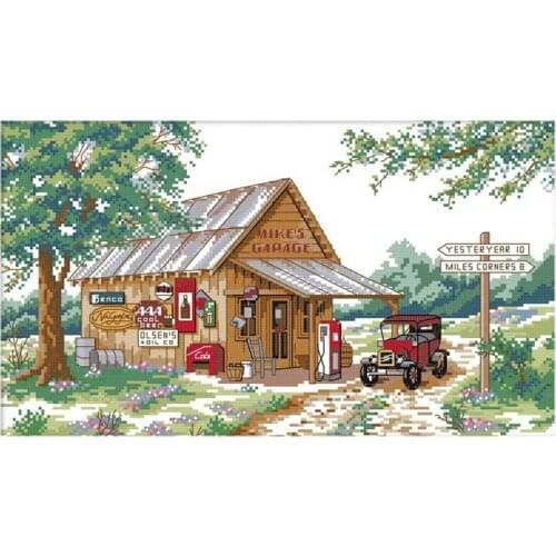 Cross Stitch Kits 11CT Cotton DIY Embroidery Starter Kits Embroidery Supplies Needlework - Roadside Gas Station 55X35cm