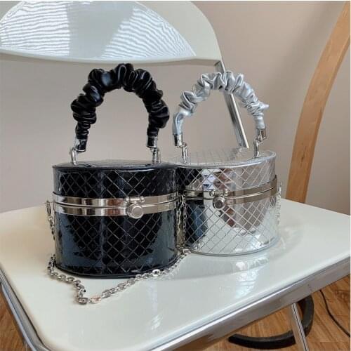 High Quality Pu Leather Round Hand Bags Ladies Designer Small Shoulder Purses Black Silver Lattice Luxury Handbags For Women New