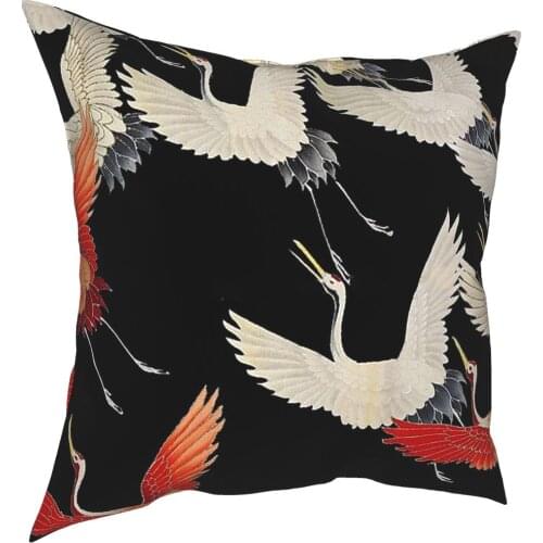 Flying Red White Cranes In Black Japanese Pillowcase Decoration Cushion Cover Throw Pillow for Car Double-sided Printing