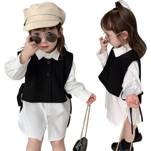 Fashion Baby Little Girls Long Sleeve Shirt and Black Vest Two Piece Set Blouse Cute White Long Tops Spring Children Clothes