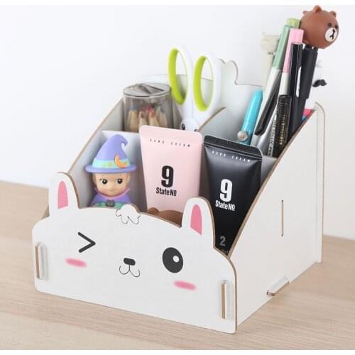 Multi Function Wood DIY Assemble Cute Panda Rabbit Creative Cartoon Pen Holder Desk Organizer for Home Office Supplies