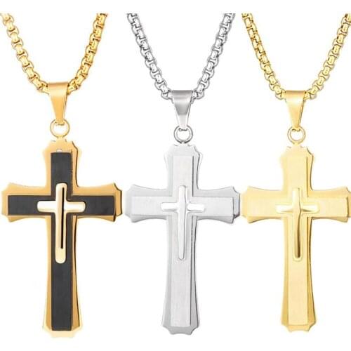 Stainless Steel Gold Minimalism Three Layers Cross Pendant Necklace Christ Jesus Crosses Necklace Jewelry Gift For Him
