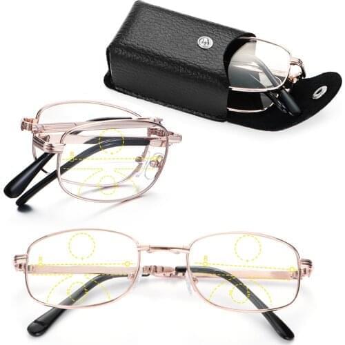 New Foldable Metal Reading Glasses Unisex Progressive Multifocal Lenses Presbyopia Eyeglasses Includes Glasses Case +1.00~+4.00