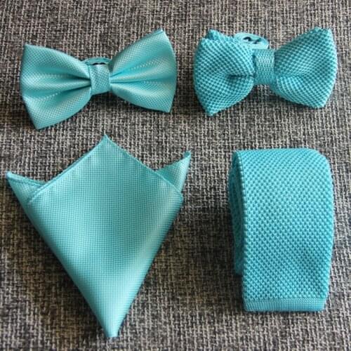Wholesale Gentlenmen Mint Green Blue Woven Ties Knitting Necktie Bowtie with Cufflink Pocket Square