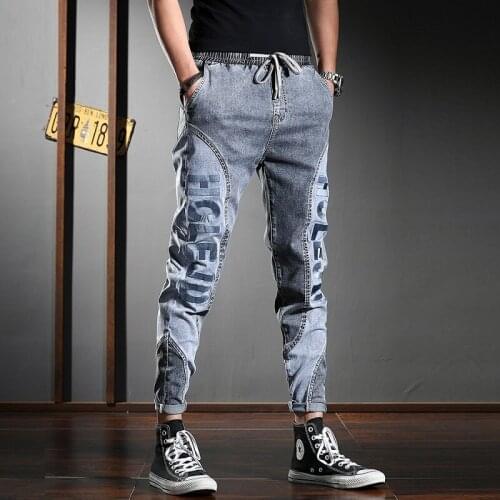 2021 New Patchwork Jeans Men Fashion Gray Letter Embroidery Slim Fit Pencil Pants Streetwear Drawstring Denim Trousers