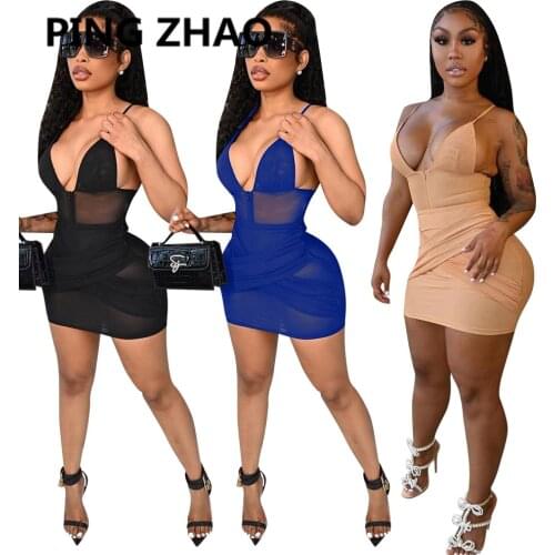 PING ZHAO Women Sets Sleeveless Halter V-neck Mesh Patchwork Top and Skirt Suit Sexy Party Club Outfits Matching Set