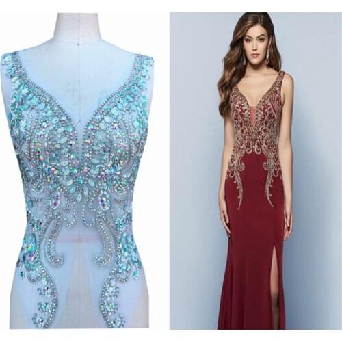 Clear AB colour resin and glass rhinestones applique on mesh beads trim patches for dress front and back