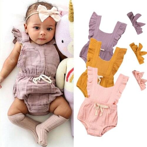 PUDCOCO Newest Newborn Baby Girls Summer Clothes Sleeveless Ruffle Solid Romper Jumpsuit + Headband Outfit Casual Cute Sets