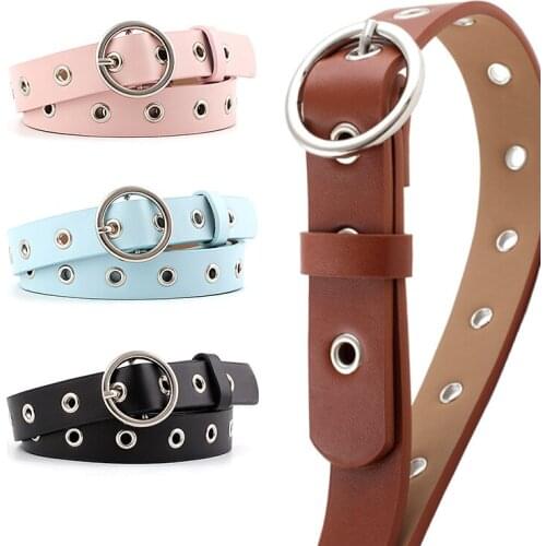Male Female Metal Round Buckle Waistband Unisex Punk Waist Belt Single Row Hole Adjustable PU Leather Fashion Clothing Decor