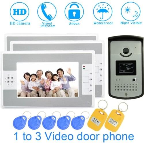RFID Inductive Card Door Unlock Wall Mounted 3 PCS 7 inch Color Monitor Doorbell For House Smart Control Building Talk-back
