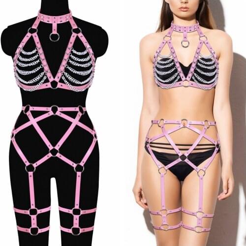 Pink Lingerie Sexy Harness Sets For Women Bdsm Bra Bondage Body Straps Punk Leather Chest Harness Chain Cage Belts Garter Belt