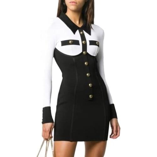 S-XL High Quality 2020 Autumn And Winter New Fashion Black And White Stitching Knitted Stretch Long Sleeve Women Dress