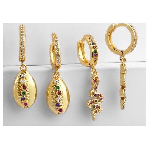 Snake shell multicolor Brass micro pave cz zircon cubic zirconia drop Hoop Earrings studs copper gold plated crystal yuh3