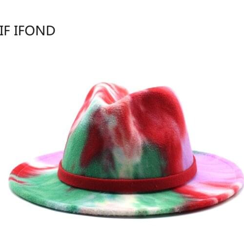 Gentleman Elegant Tie dye Felt Fedoras Hat Lady Winter Autumn Wide Brim Wool Blend Jazz Cap