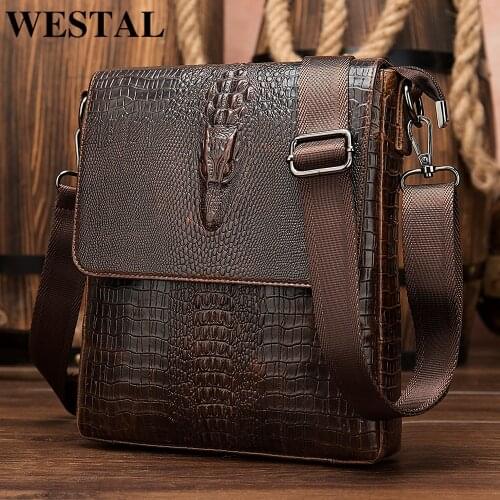 WESTAL mens shoulder bag for men genuine leather crocodile pattern vintage crossbody bag for men flap zipper messenger bag 8857