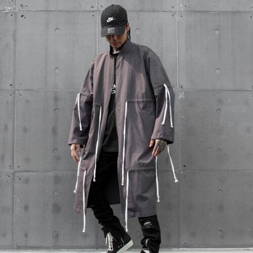 Hip hop Black grey Long trench coat for men Stand color Loose Autumn Spring