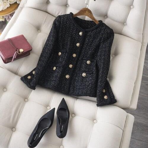 French Celebrity Style, Black Inlaid with Shining Silk, Versatile Womens Autumn Gold Button Decorative Coat, 20 New Women