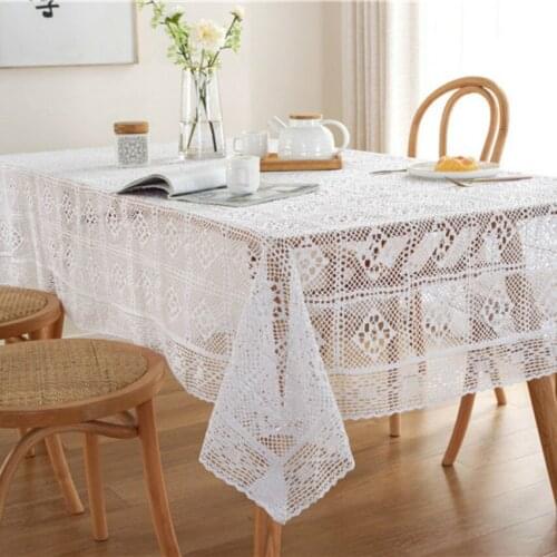 Crochet Knit Hollow Tablecloth Beige Cotton Polyester Fabric Rectangle Geometric Coffee Table Tablecloth Tabletop Protective