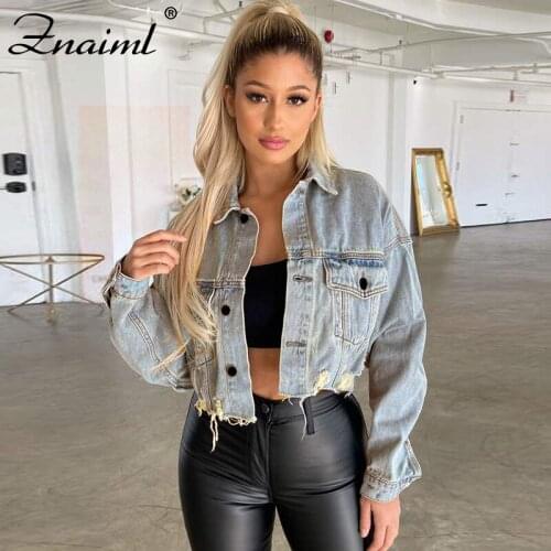 Znaiml Quality Denim Jacket Coat Womens Ripped Hole BF Jeans Outwear Female Spring Autumn Street Casual Loose Cowboy Outwear