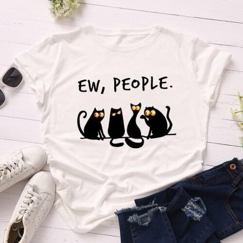 Womens T-Shirt Cartoon Cat Print T-shirt Ladies O-neck Short-sleeved Harajuku Graphic T-shirt Summer Female Top