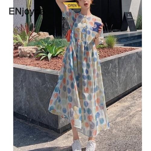 Women Fashion Colorful Dot Short Sleeve Maxi Dress Korean Style Elegant Casual A-line Beach Party Long Dresses Summer 2021