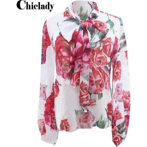CHICLADY runway designer celebrity rose flower print chiffon see through bow collar lace up blouse women long sleeve shirt chic