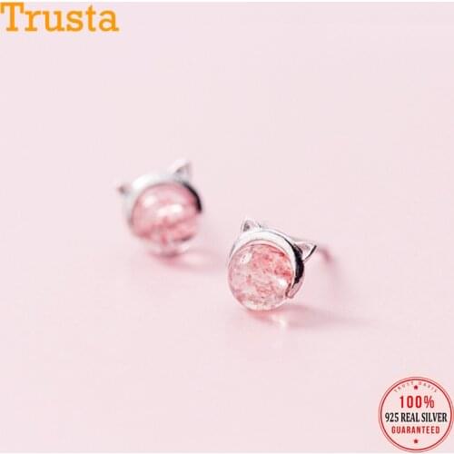 Trusta 100% 925 Real Sterling Silver Fashion Cute Pink Strawberry Crystal Cat Stud Earrings For Women Wedding Party Gift DS718