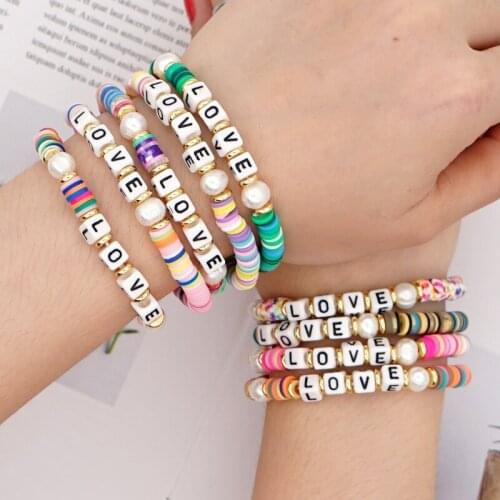 Minar Bohemia Multi-Type Multicolor Clay Beaded Bracelets for Women Girls Letter Natural Pearl Charm Bracelets Holiday Jewelry